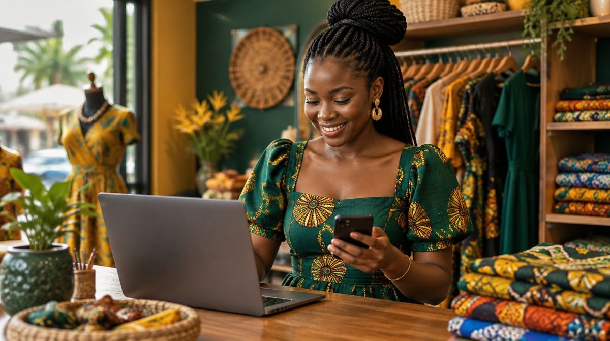 A boutique owner in Accra working on her laptop and phone
