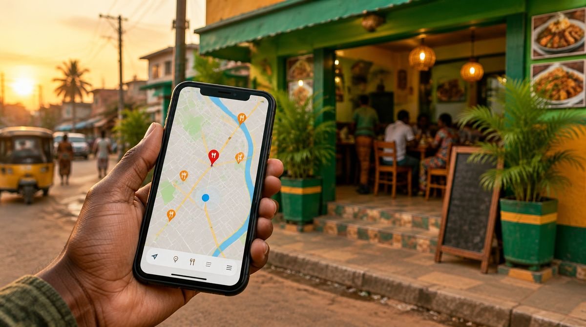 A phone showing a map in front of a small restaurant