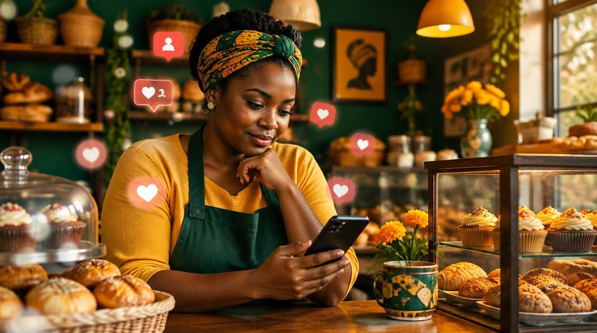 A bakery owner looking at social media notifications on her phone